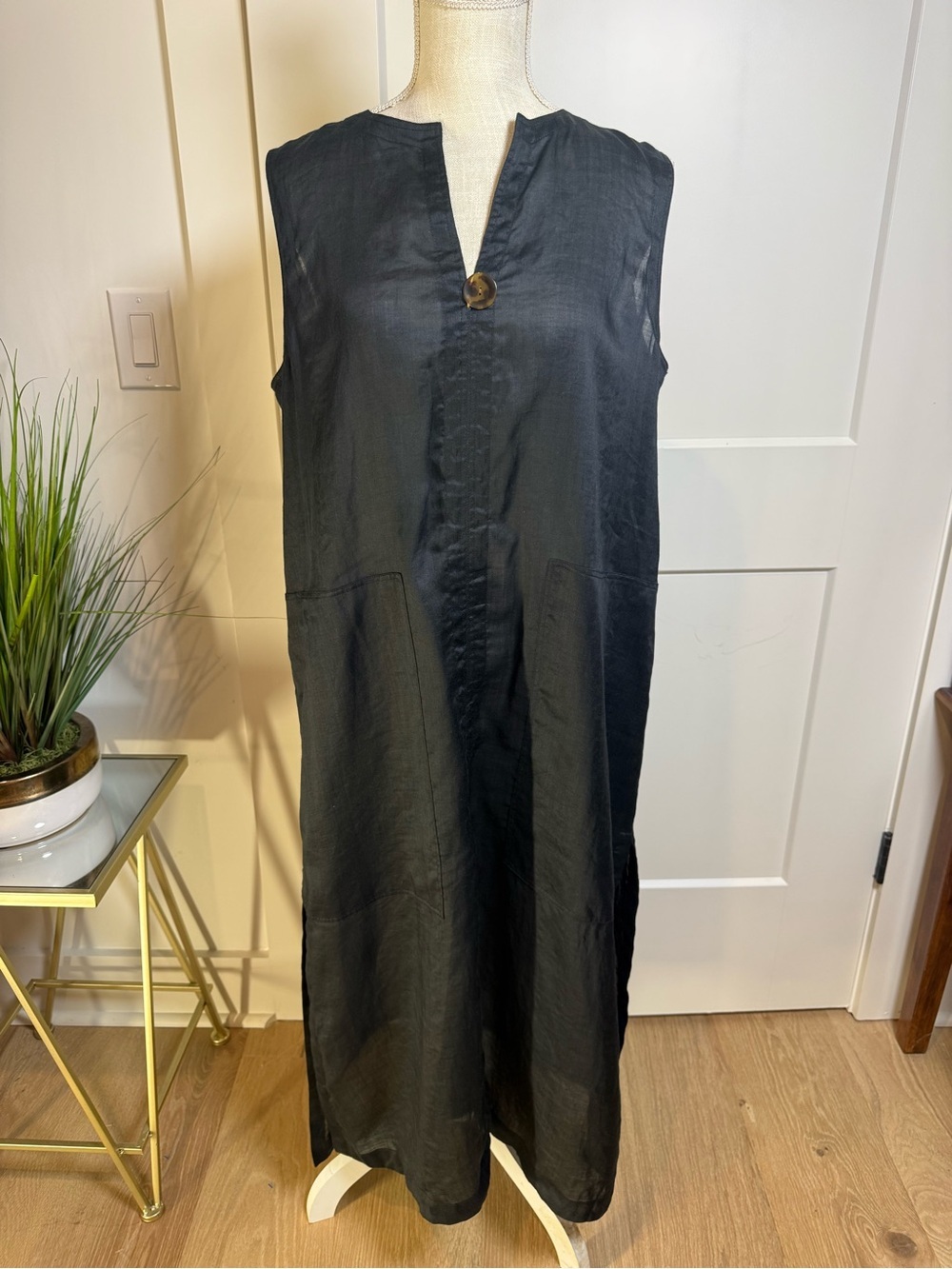 Lafayette 148 New York Black Ramie Tencel Sleeveless Maxi Dress Pockets Size M